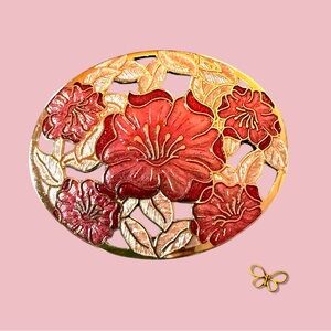 Vintage Fish Enterprises Floral Gold & Pink Champlevé Enamel Brooch